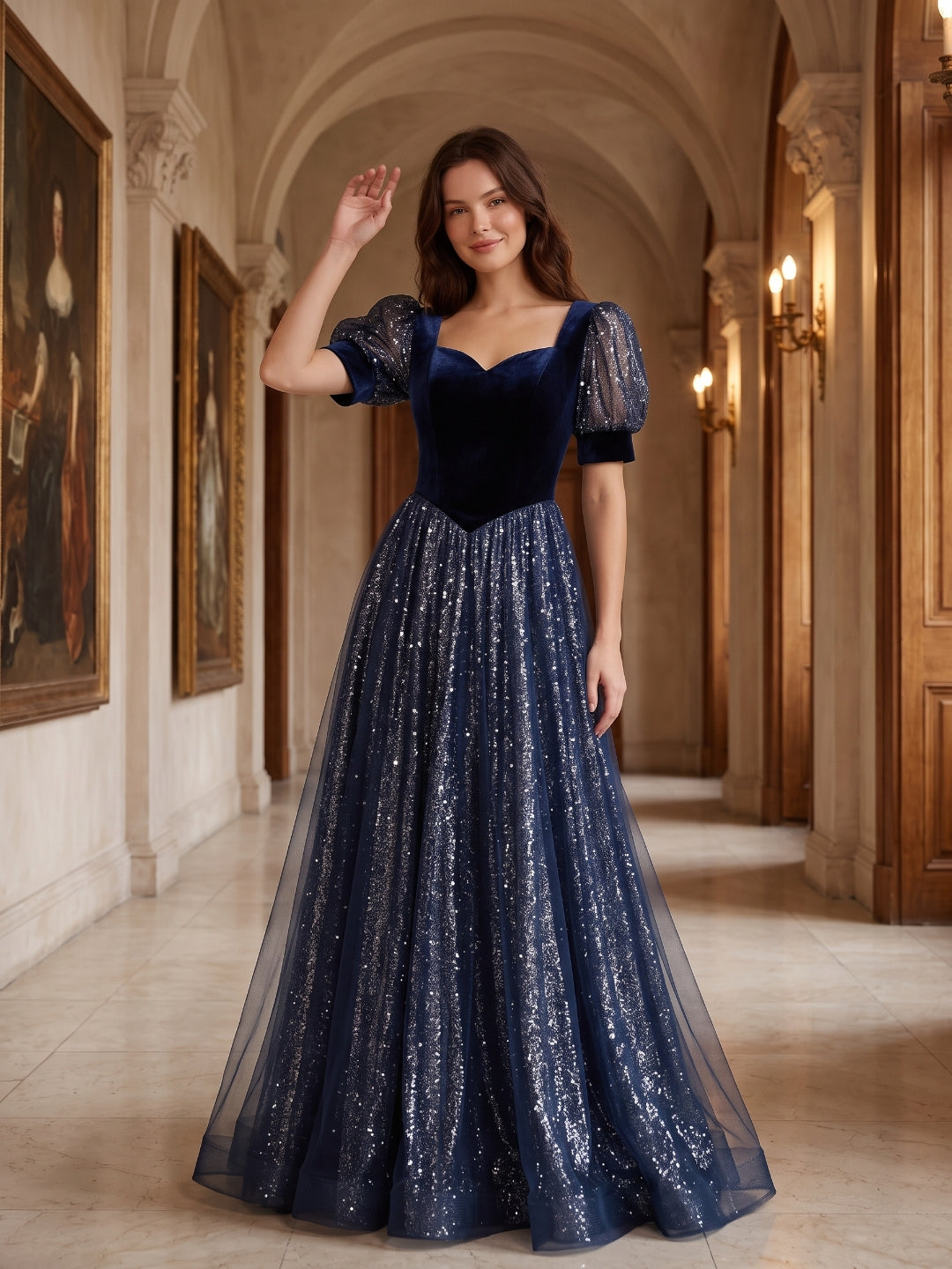 Navy Blue Velvet and Sequin Tulle A-Line Sweetheart Lace-up Floor-Length Dress