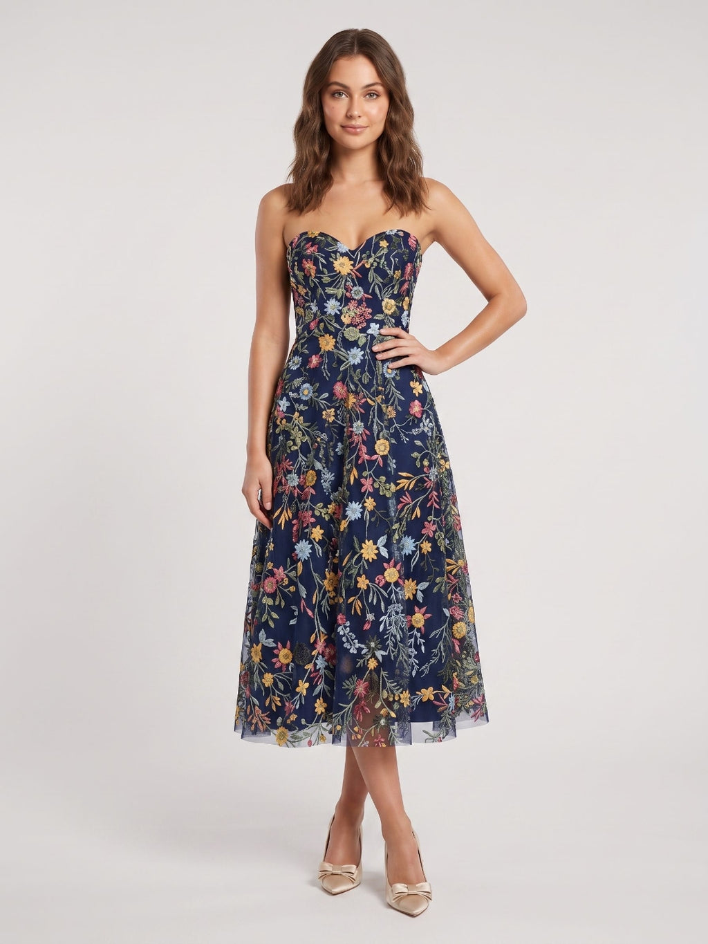 Mauve Floral Tulle A-Line Sweetheart Zipper Back Midi Dress