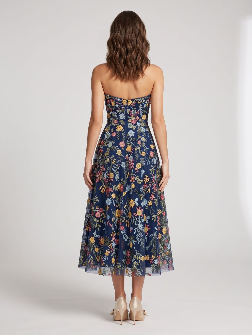 Mauve Floral Tulle A-Line Sweetheart Zipper Back Midi Dress