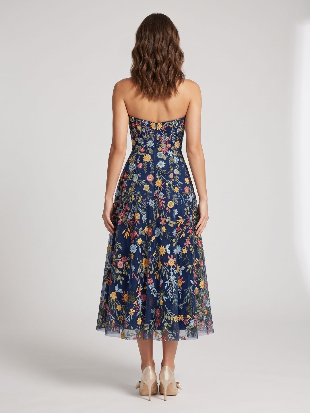 Mauve Floral Tulle A-Line Sweetheart Zipper Back Midi Dress