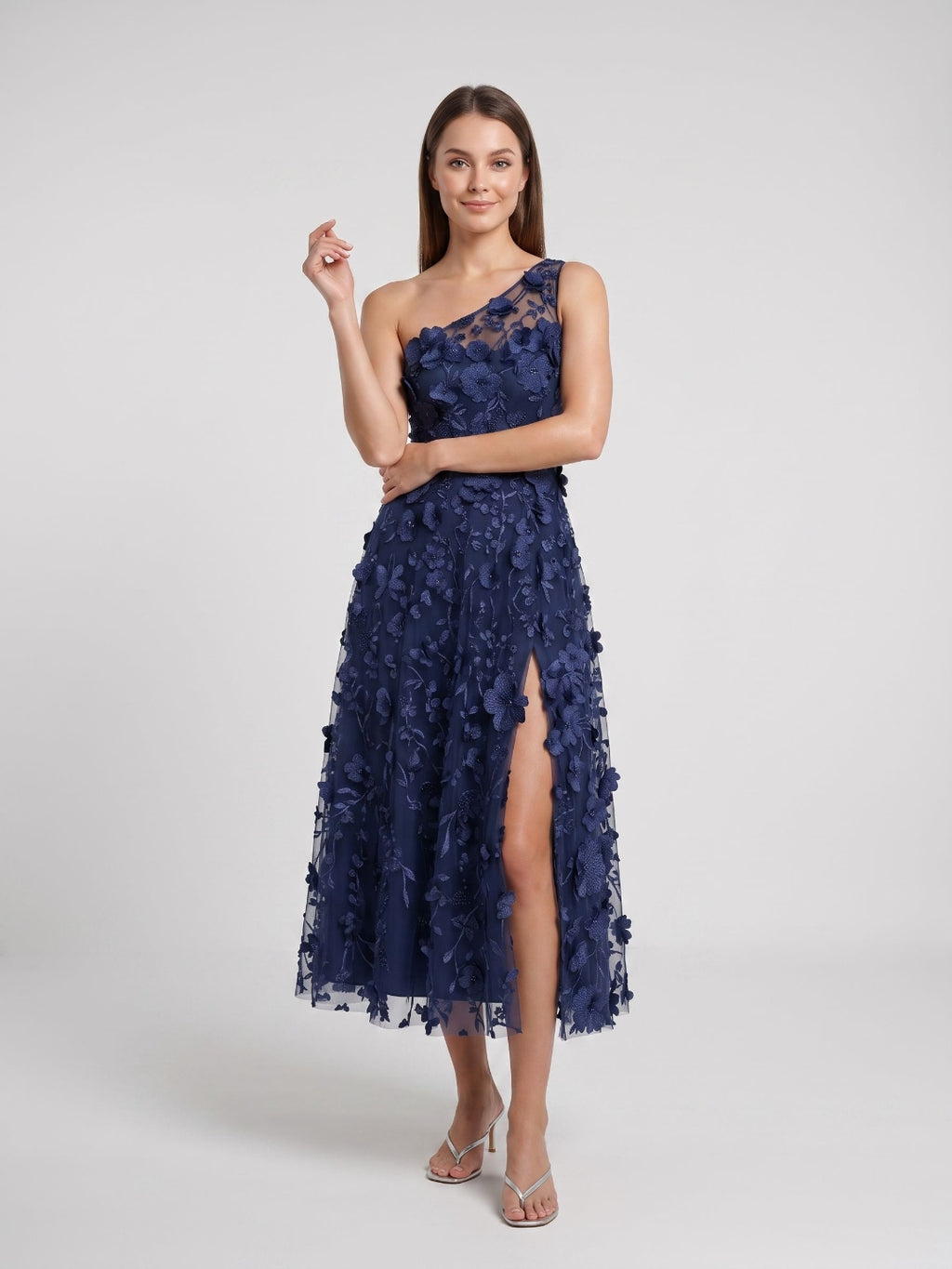 Sky Blue with Pastel Flowers Mesh Tulle A-Line One Shoulder Midi Dress