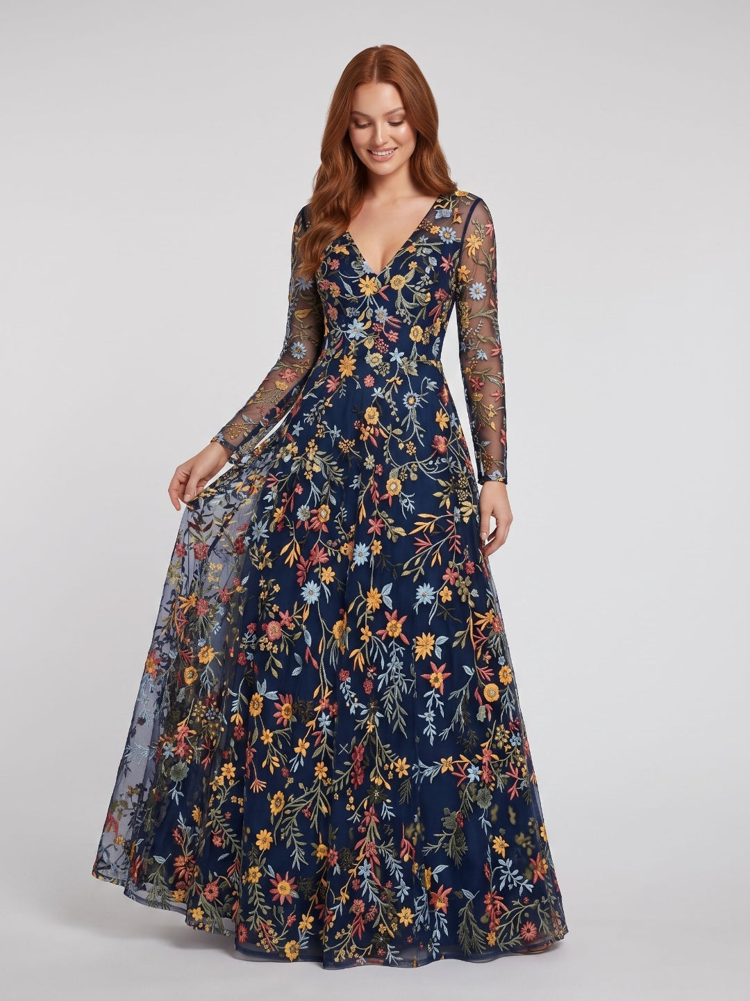Mauve Mesh with Floral Embroidery A-Line V-Neck Zipper Back Floor Length Dress
