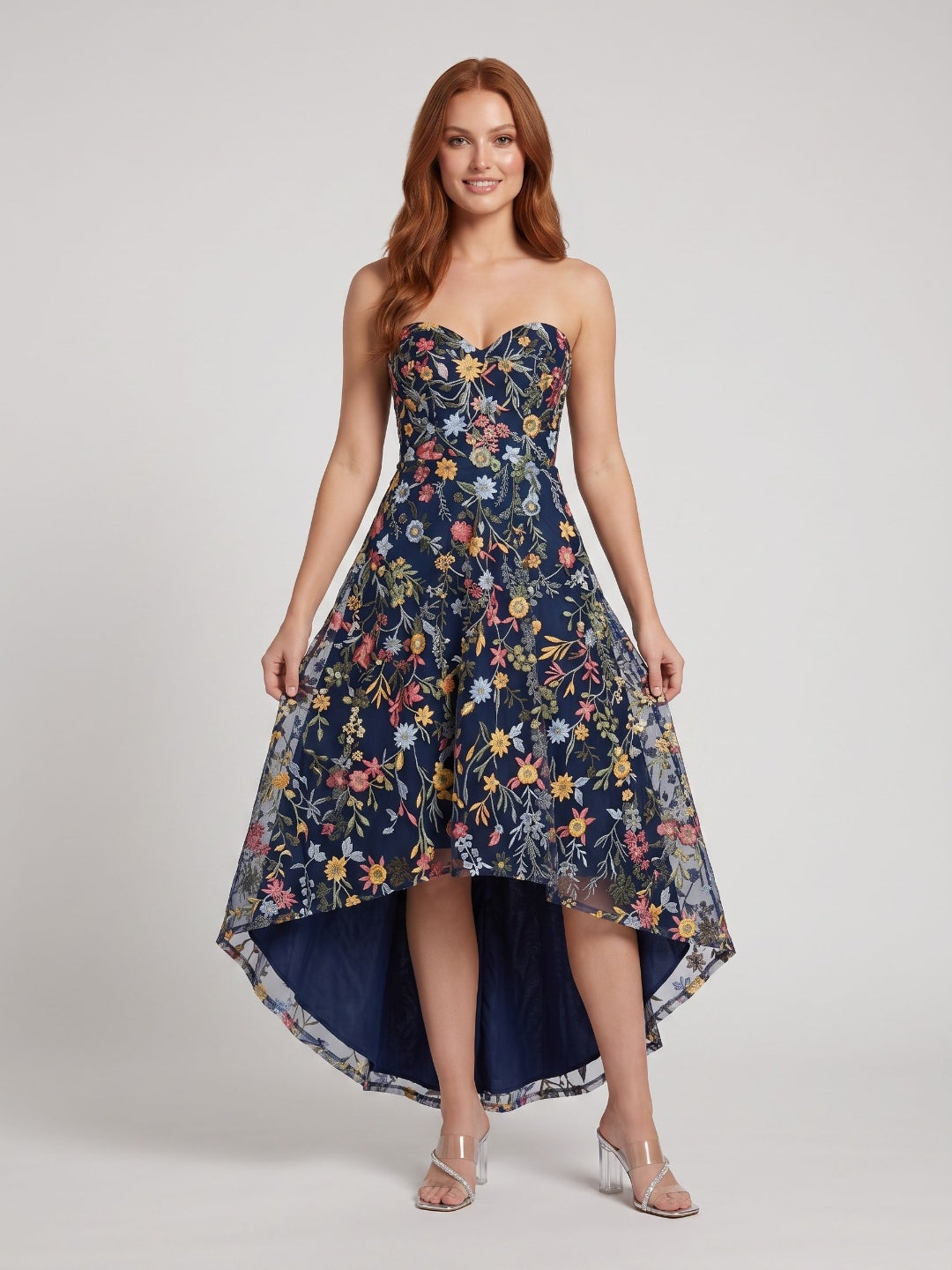 Mauve Embroidered Mesh A-Line Sweetheart Zipper Back High-Low Dress