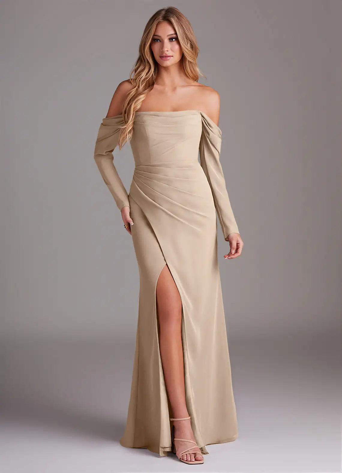 Off-the-Shoulder Satin Bridesmaid Dress with Long Sleeves, Back Cutout and High Slit