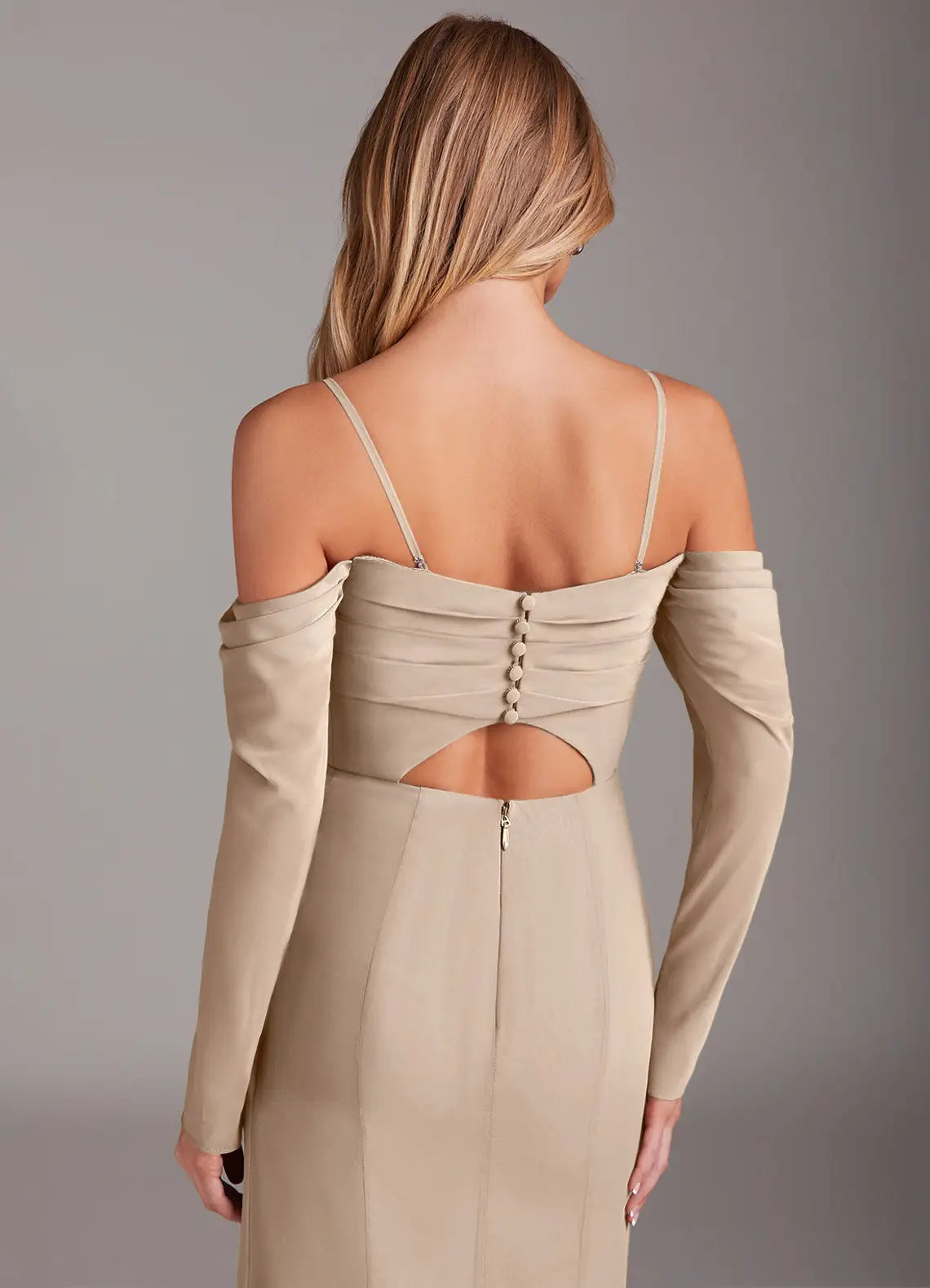 Off-the-Shoulder Satin Bridesmaid Dress with Long Sleeves, Back Cutout and High Slit