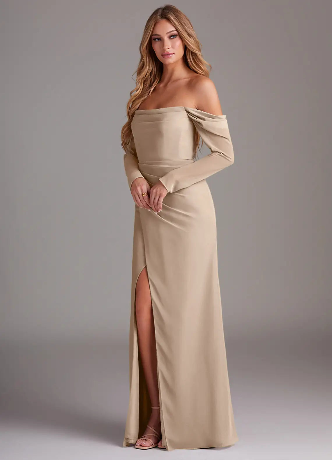 Off-the-Shoulder Satin Bridesmaid Dress with Long Sleeves, Back Cutout and High Slit