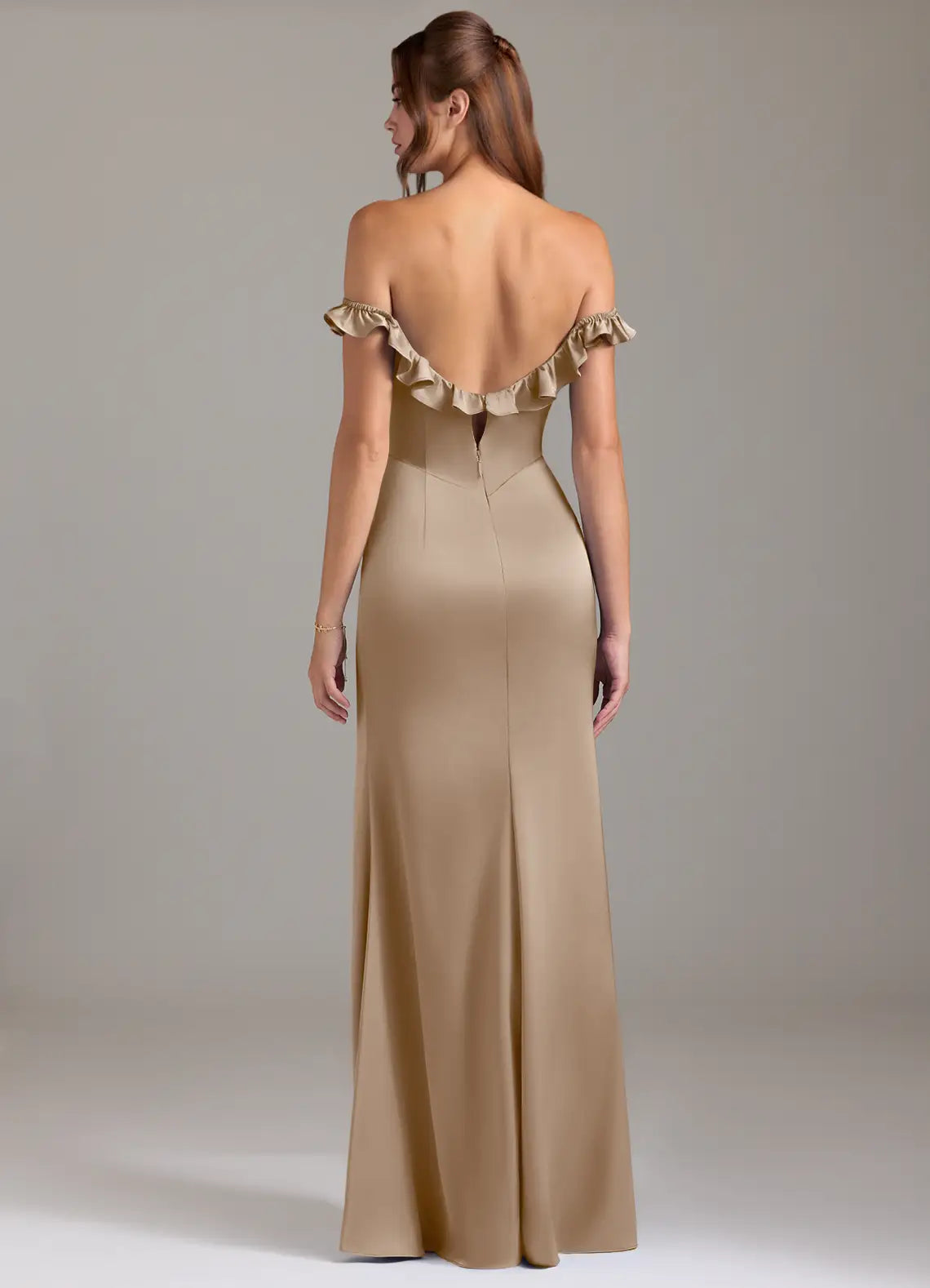 Off-the-Shoulder Satin Bridesmaid Dress with Ruffle Trim, Open Back and High Slit