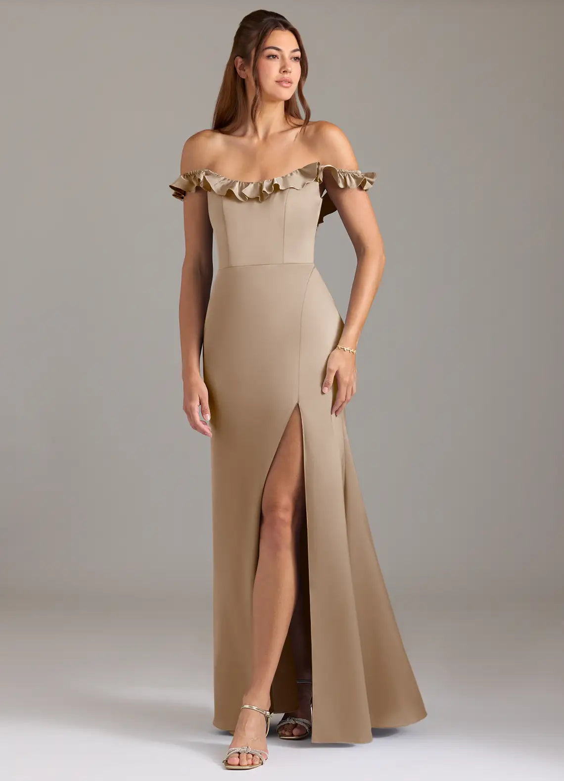 Off-the-Shoulder Satin Bridesmaid Dress with Ruffle Trim, Open Back and High Slit