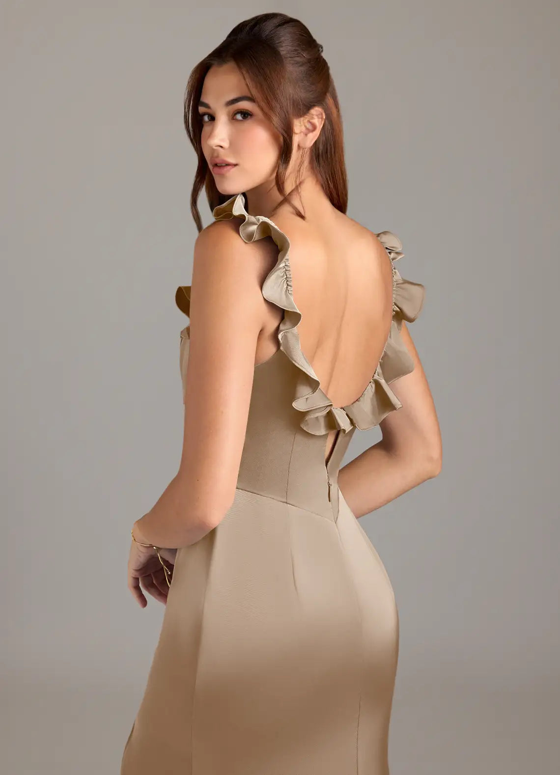 Off-the-Shoulder Satin Bridesmaid Dress with Ruffle Trim, Open Back and High Slit