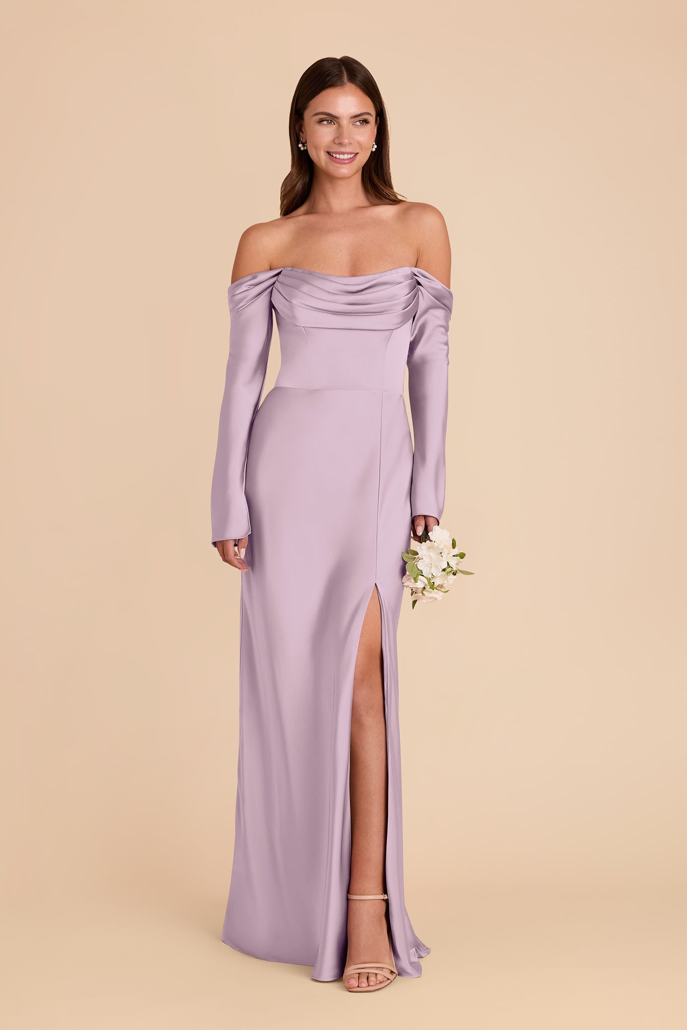Off Shoulder Long Sleeve Satin Bridesmaid Dress Draped Neck High Slit Mermaid Floor Length Wedding Guest Formal Gown