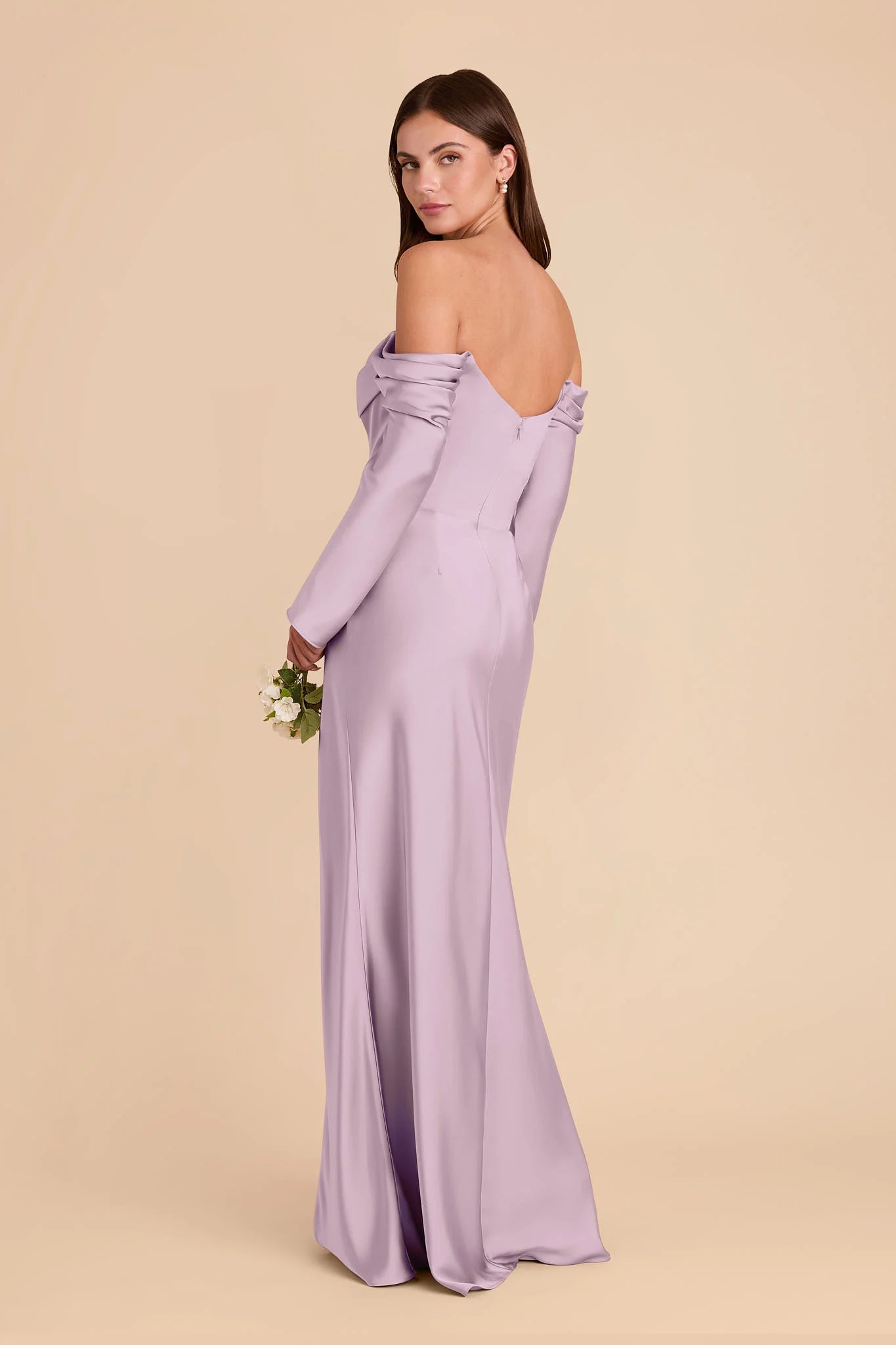 Off Shoulder Long Sleeve Satin Bridesmaid Dress Draped Neck High Slit Mermaid Floor Length Wedding Guest Formal Gown