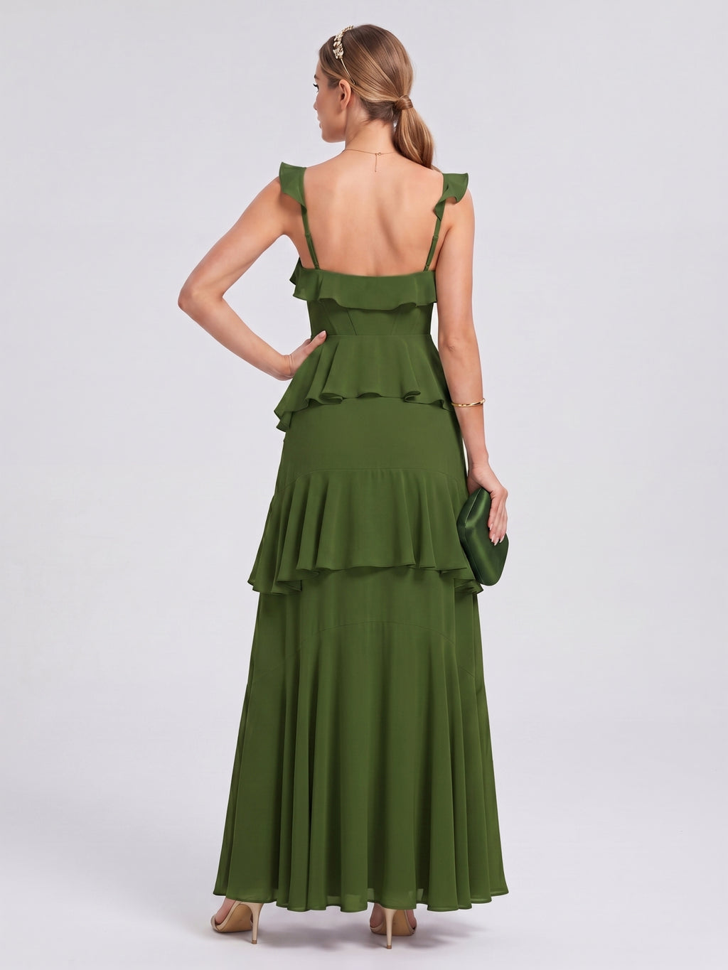 Coquette Olive Green Chiffon A-Line Straight Neck Backless Ruffle Ankle-Length Bridesmaid Dress