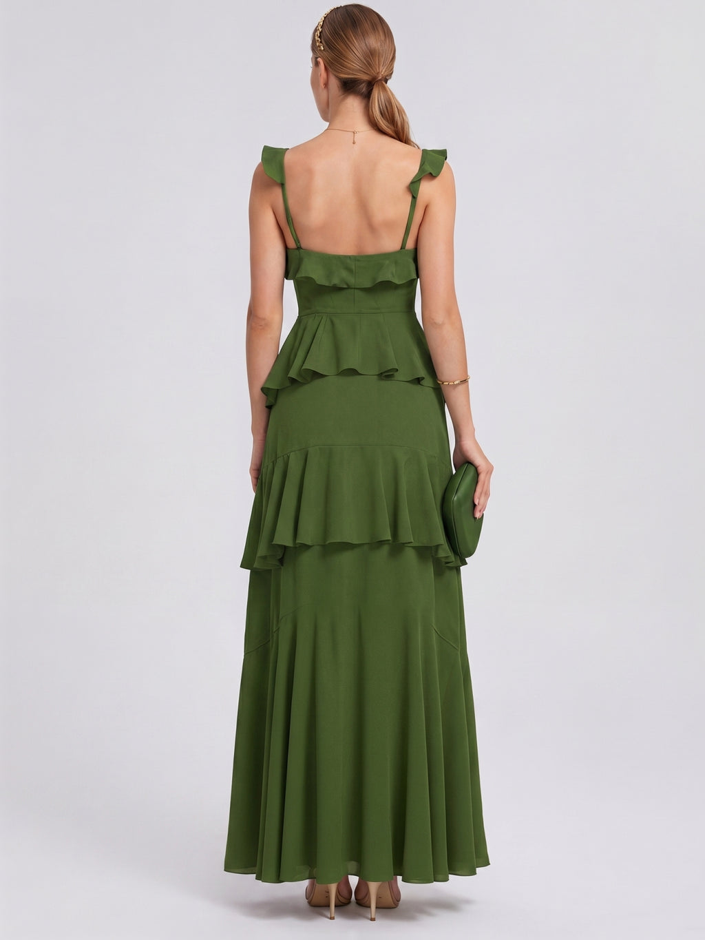 Coquette Olive Green Chiffon A-Line Straight Neck Backless Ruffle Ankle-Length Bridesmaid Dress