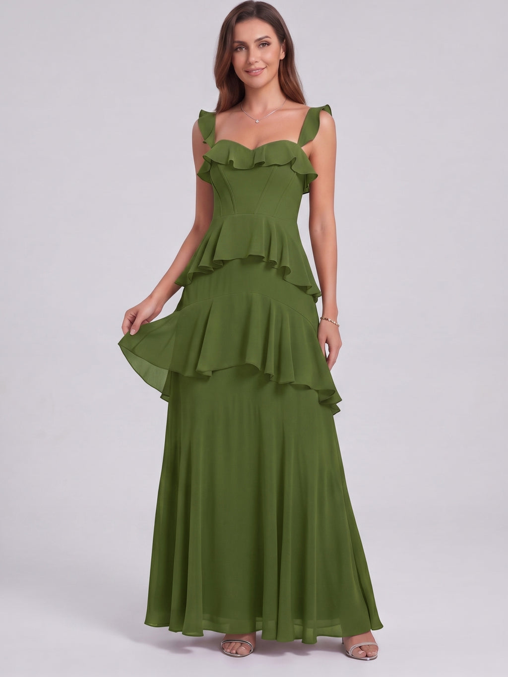 Coquette Olive Green Chiffon A-Line Straight Neck Backless Ruffle Ankle-Length Bridesmaid Dress