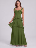 Coquette Olive Green Chiffon A-Line Straight Neck Backless Ruffle Ankle-Length Bridesmaid Dress