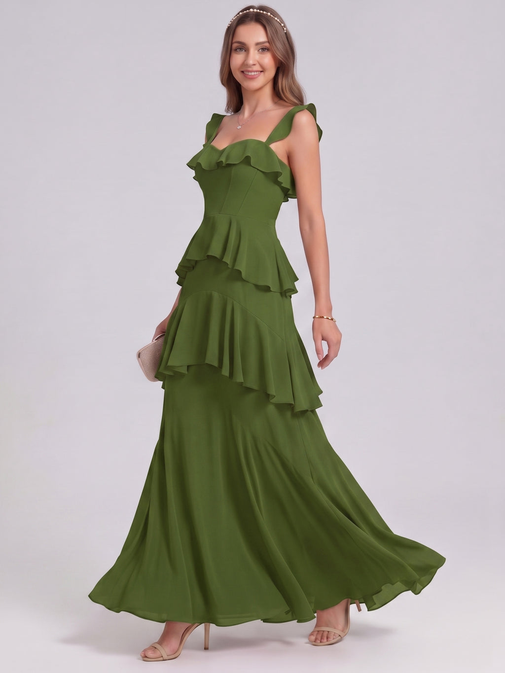 Coquette Olive Green Chiffon A-Line Straight Neck Backless Ruffle Ankle-Length Bridesmaid Dress