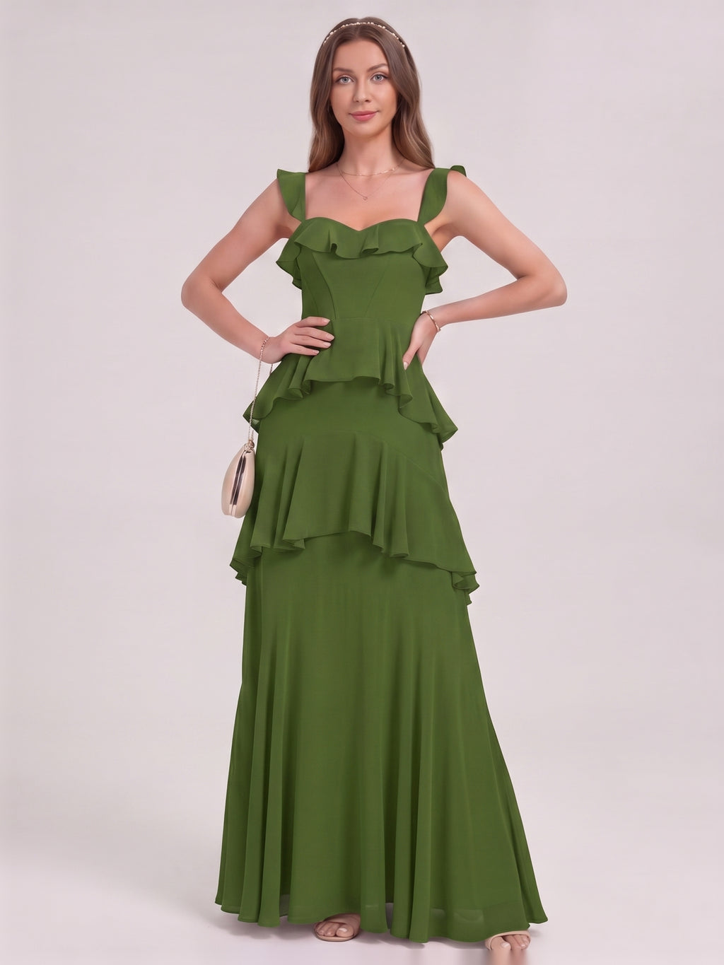 Coquette Olive Green Chiffon A-Line Straight Neck Backless Ruffle Ankle-Length Bridesmaid Dress
