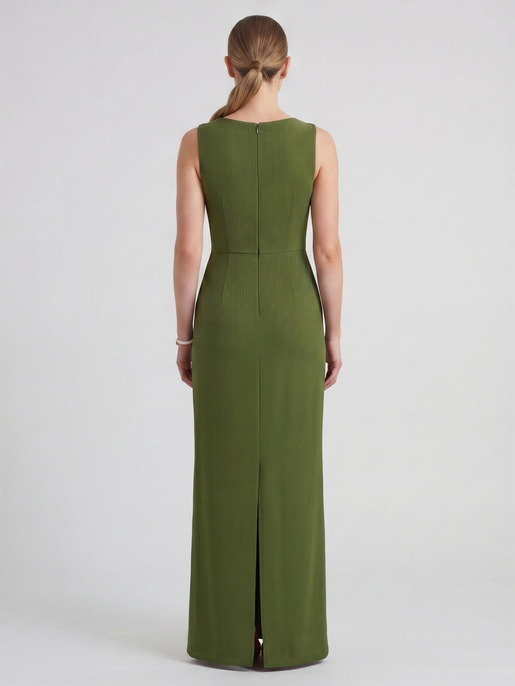 Simple Olive Green Stretch Knit A-Line Scoop Neck Back Zip Ankle-Length Bridesmaid Dress