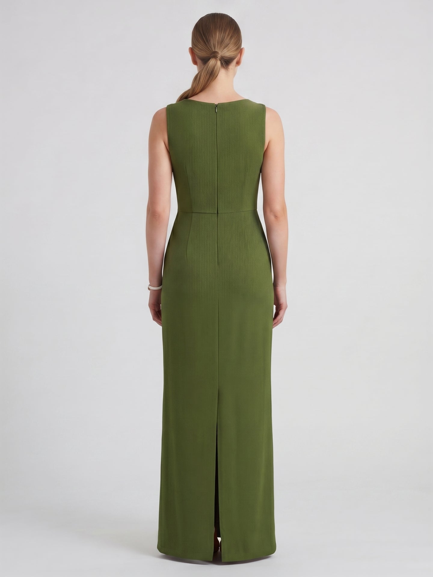 Simple Olive Green Stretch Knit A-Line Scoop Neck Back Zip Ankle-Length Bridesmaid Dress