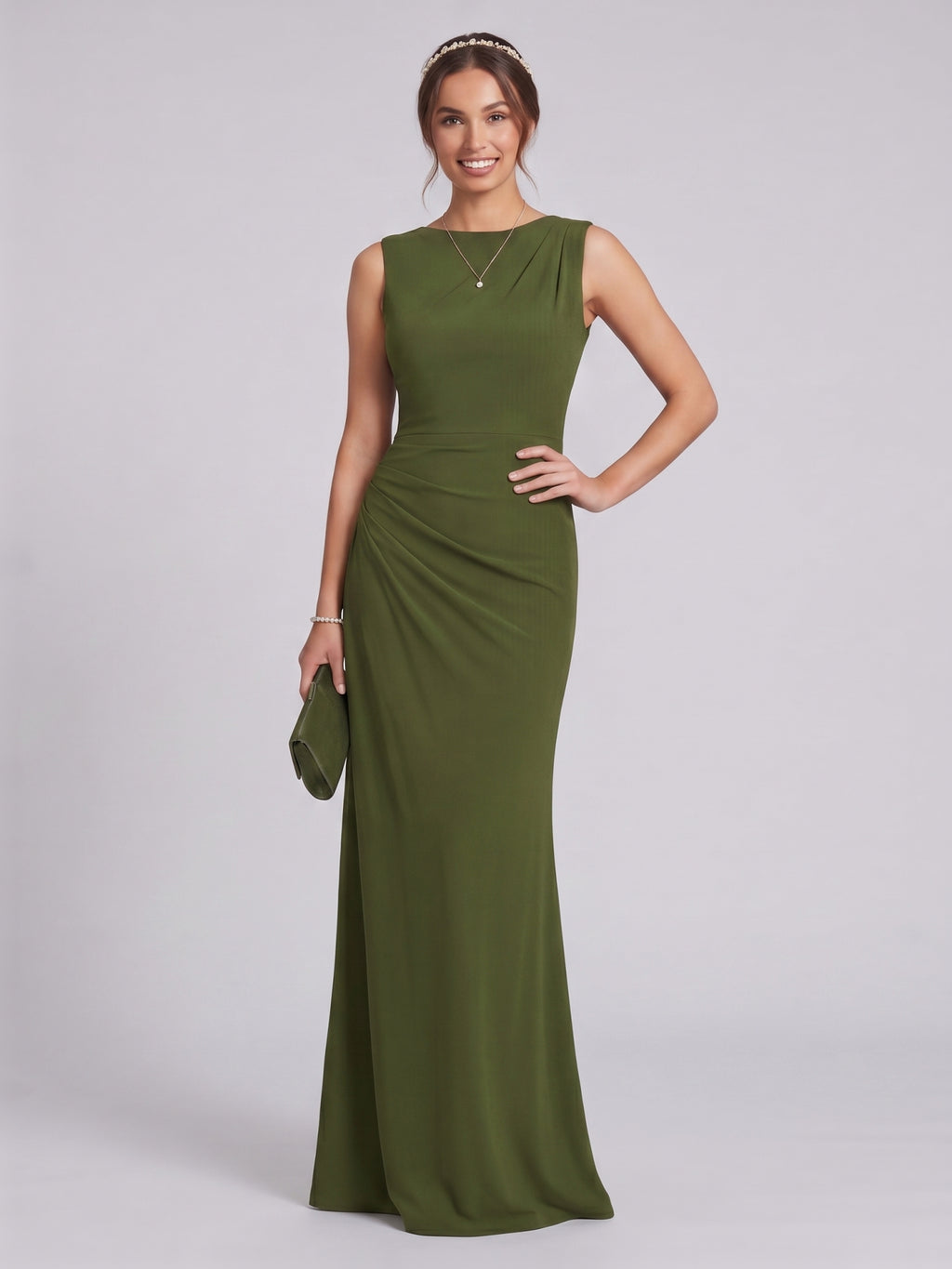 Simple Olive Green Stretch Knit A-Line Scoop Neck Back Zip Ankle-Length Bridesmaid Dress