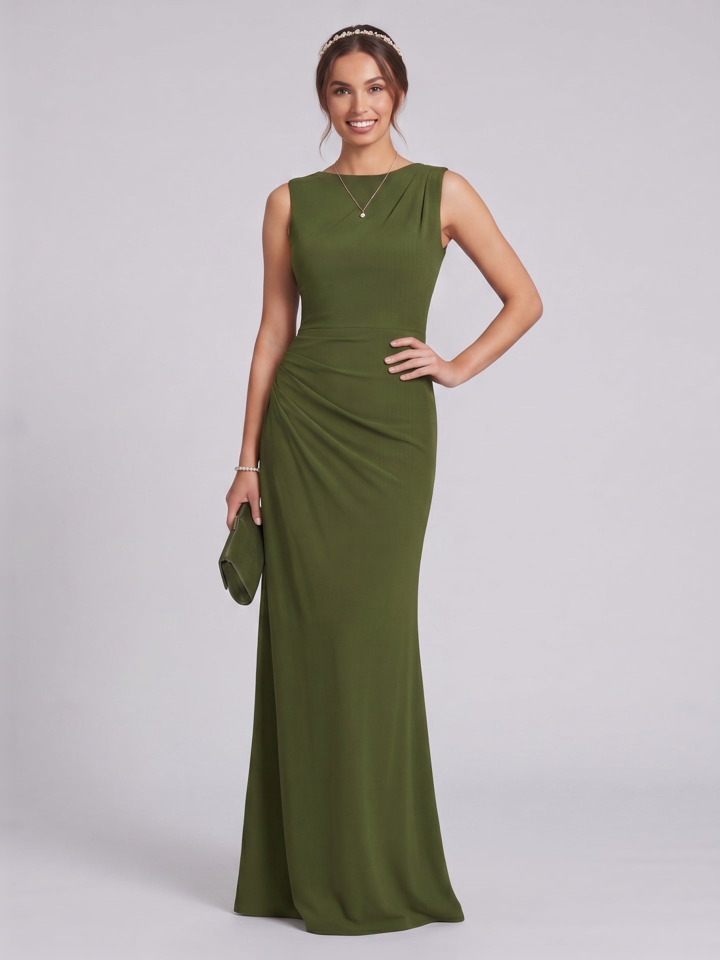 Simple Olive Green Stretch Knit A-Line Scoop Neck Back Zip Ankle-Length Bridesmaid Dress