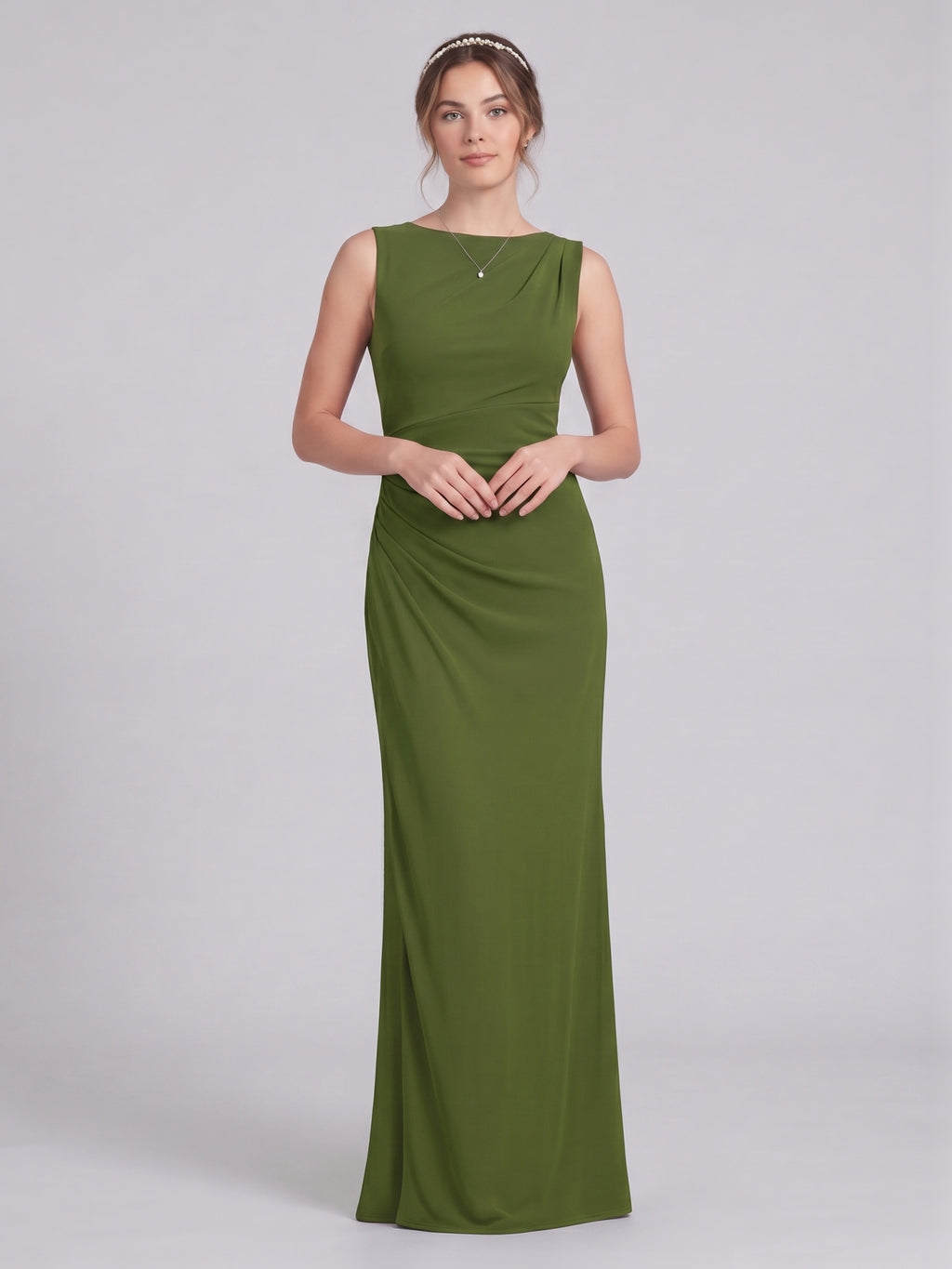 Simple Olive Green Stretch Knit A-Line Scoop Neck Back Zip Ankle-Length Bridesmaid Dress