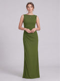 Simple Olive Green Stretch Knit A-Line Scoop Neck Back Zip Ankle-Length Bridesmaid Dress
