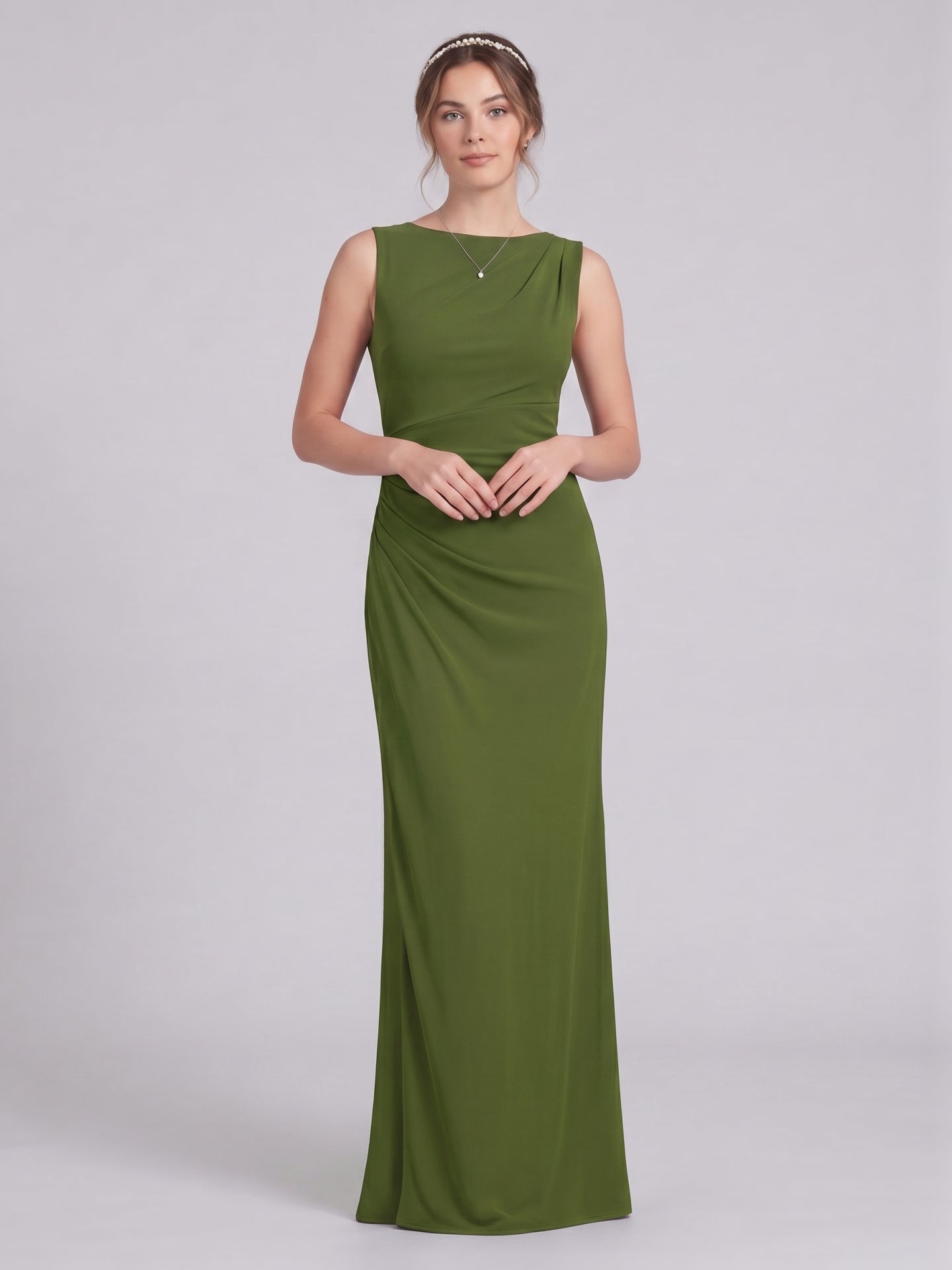 Simple Olive Green Stretch Knit A-Line Scoop Neck Back Zip Ankle-Length Bridesmaid Dress