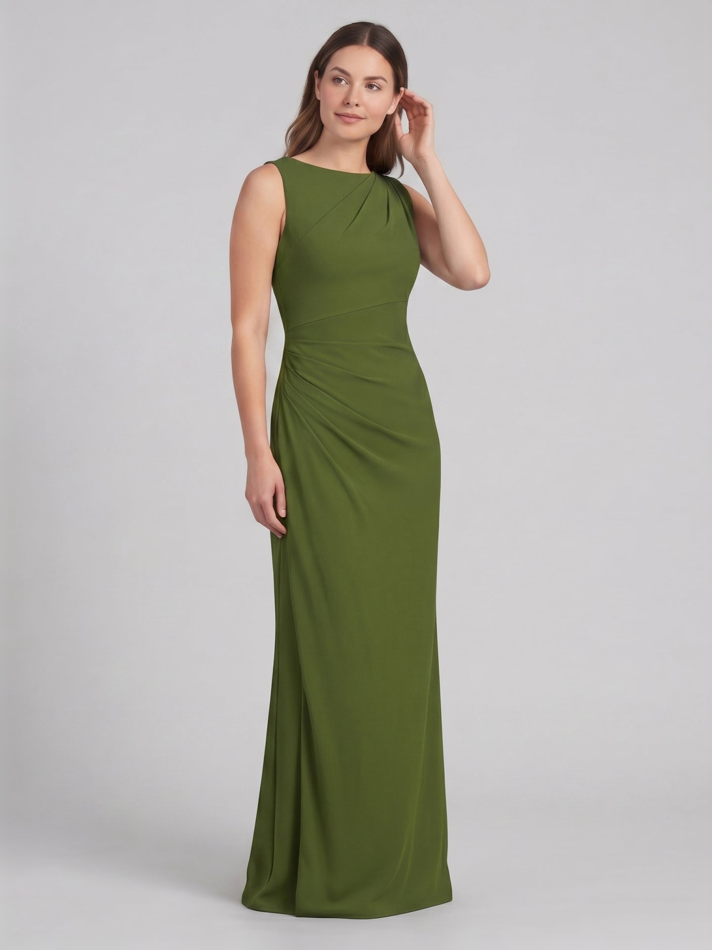 Simple Olive Green Stretch Knit A-Line Scoop Neck Back Zip Ankle-Length Bridesmaid Dress