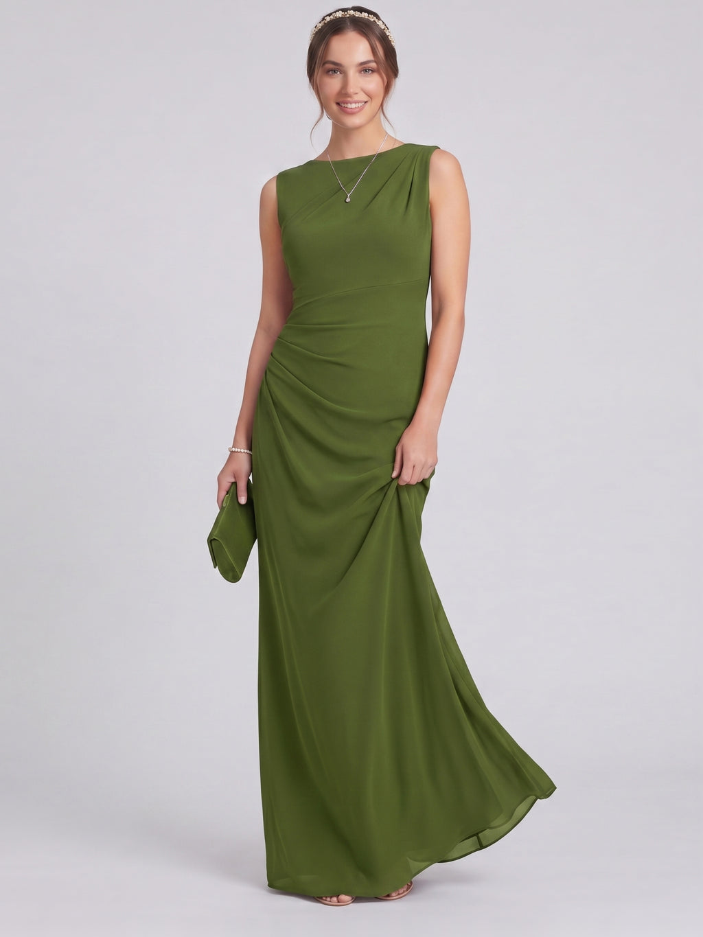 Simple Olive Green Stretch Knit A-Line Scoop Neck Back Zip Ankle-Length Bridesmaid Dress