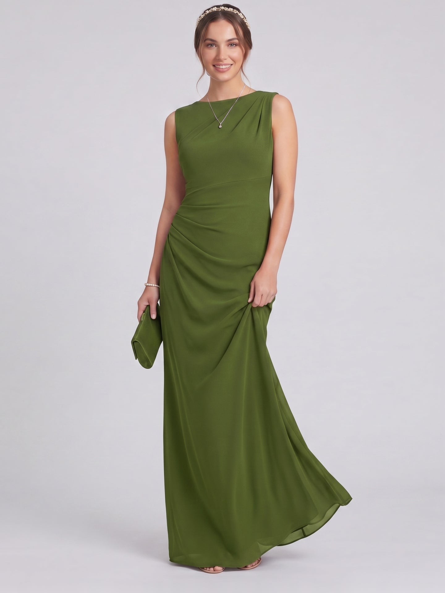 Simple Olive Green Stretch Knit A-Line Scoop Neck Back Zip Ankle-Length Bridesmaid Dress