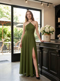 Olive Green Chiffon A-Line Halter Back Zip Floor-Length Bridesmaid Dress