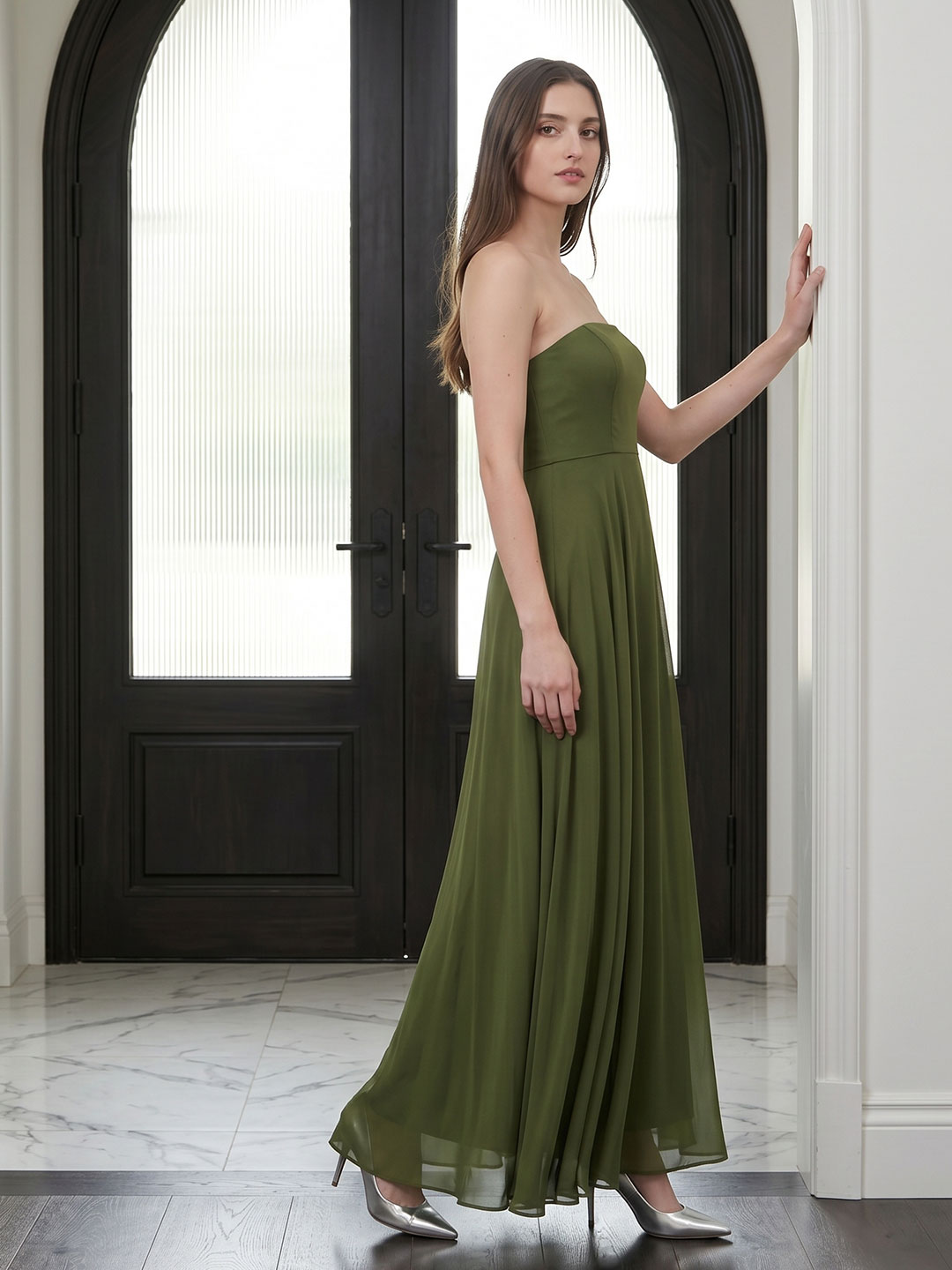 Olive Green Chiffon A-Line Off-the-Shoulder Backless Floor-Length Bridesmaid Dress