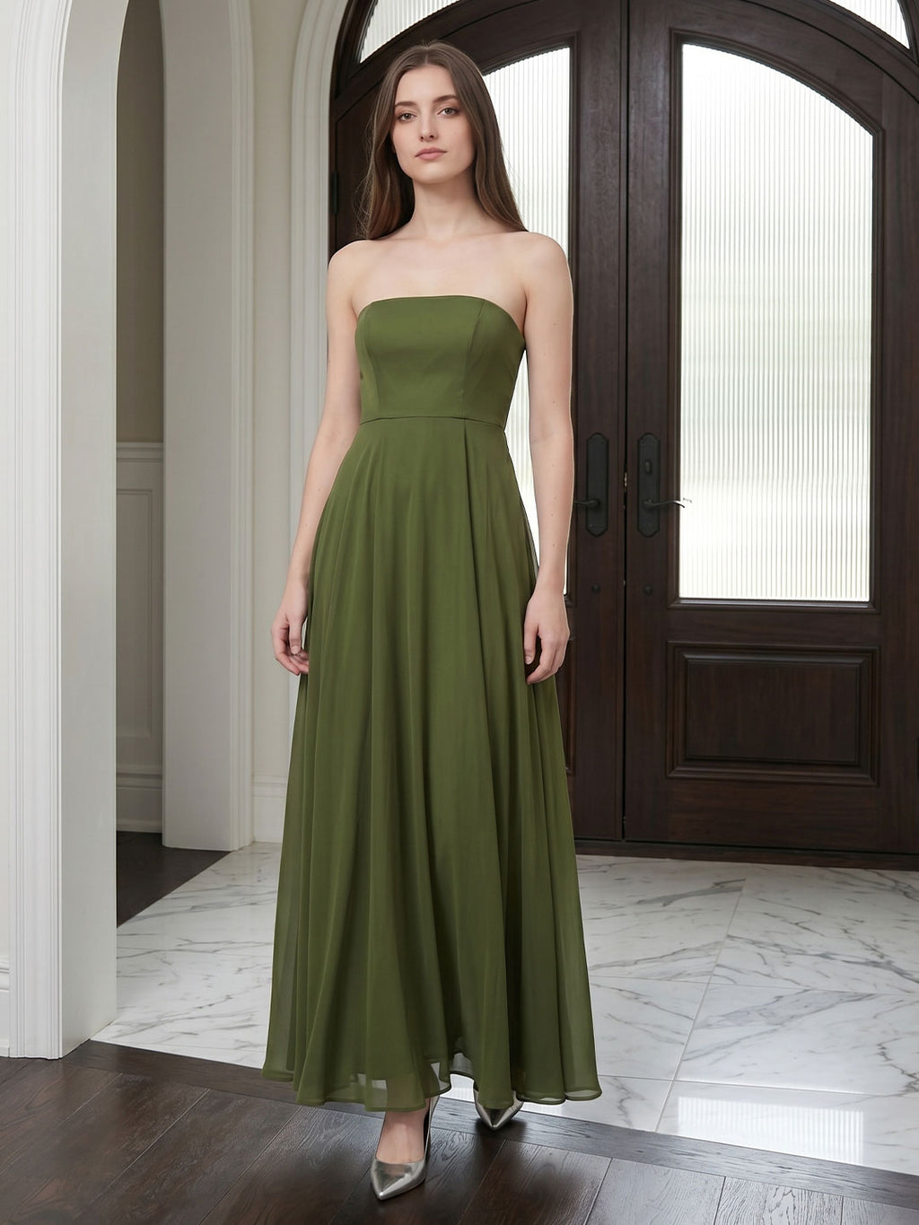 Olive Green Chiffon A-Line Off-the-Shoulder Backless Floor-Length Bridesmaid Dress