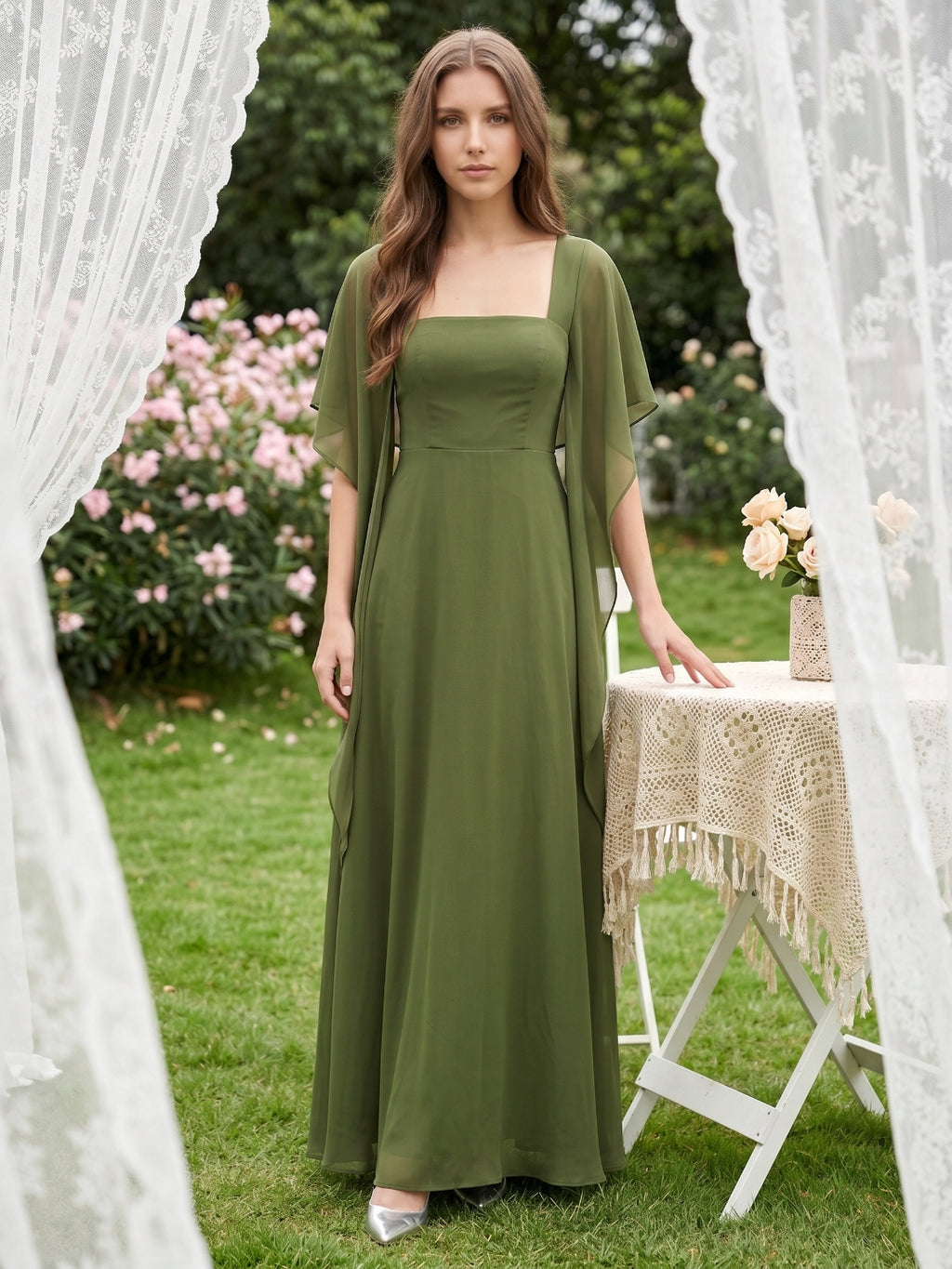 Olive Green Chiffon A-Line Straight Neck Backless Floor-Length Bridesmaid Dress with Cape
