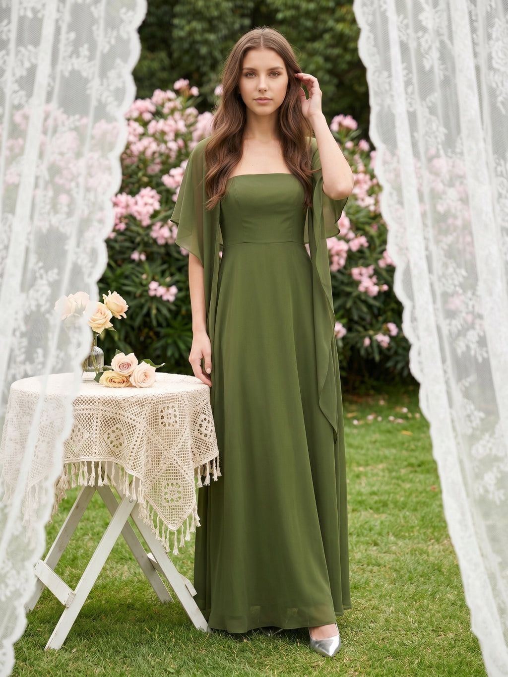 Olive Green Chiffon A-Line Straight Neck Backless Floor-Length Bridesmaid Dress with Cape