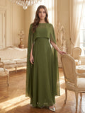 Olive Green Chiffon A-Line Straight Neck Illusion Back Floor-Length Bridesmaid Dress with Cape