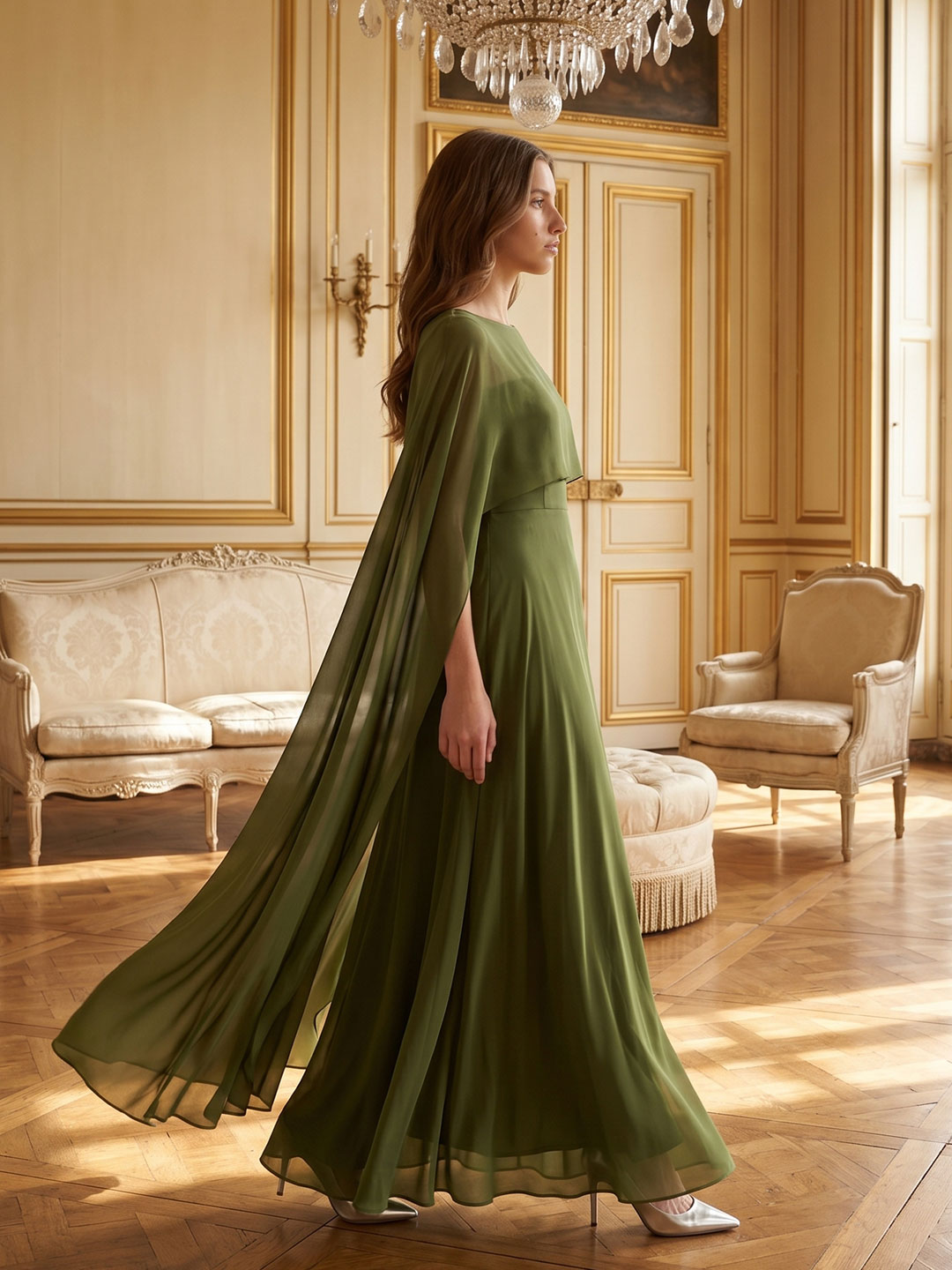 Olive Green Chiffon A-Line Straight Neck Illusion Back Floor-Length Bridesmaid Dress with Cape