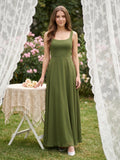 Olive Green Chiffon Column Scoop Neck Backless Floor-Length Bridesmaid Dress