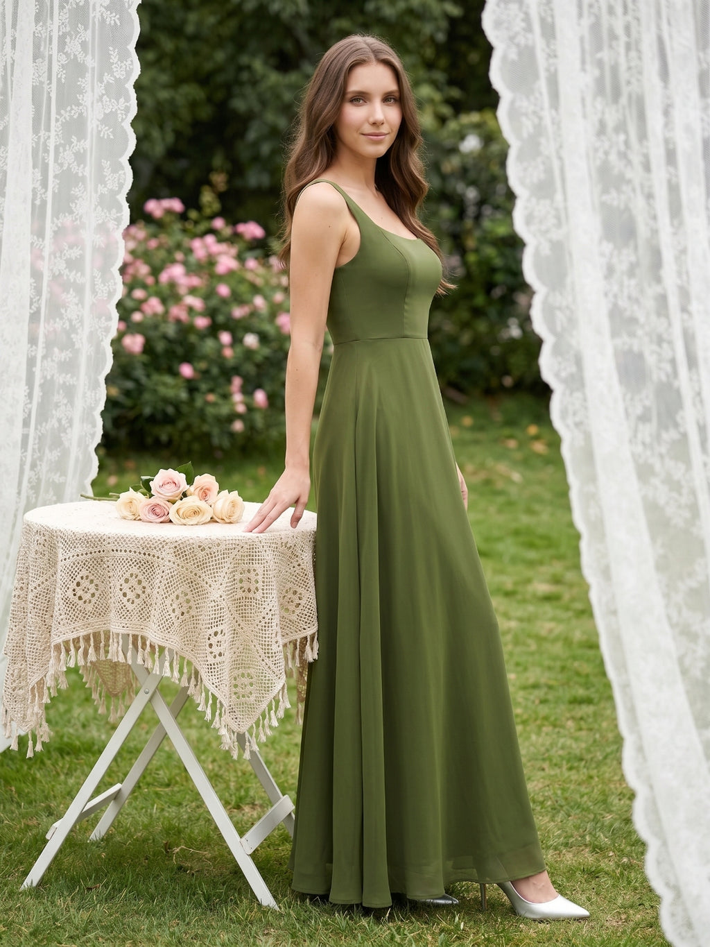 Olive Green Chiffon Column Scoop Neck Backless Floor-Length Bridesmaid Dress