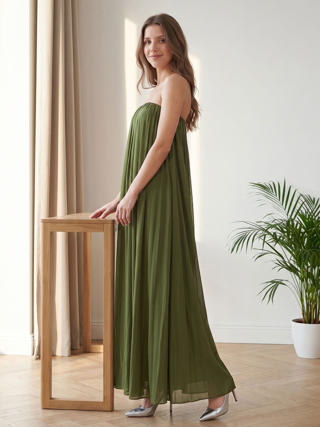 Olive Green Chiffon Sheath Off-the-Shoulder Backless Floor-Length Pleated Dress