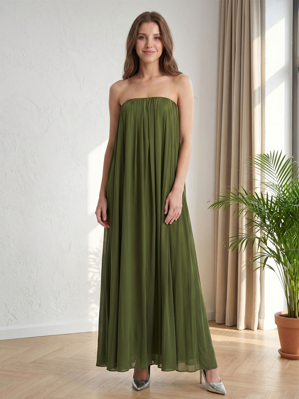 Olive Green Chiffon Sheath Off-the-Shoulder Backless Floor-Length Pleated Dress