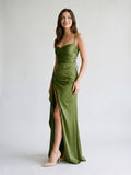 Olive Green Matte Satin Sheath Criss-Cross Straps Floor-Length Formal Dress with Ruffles