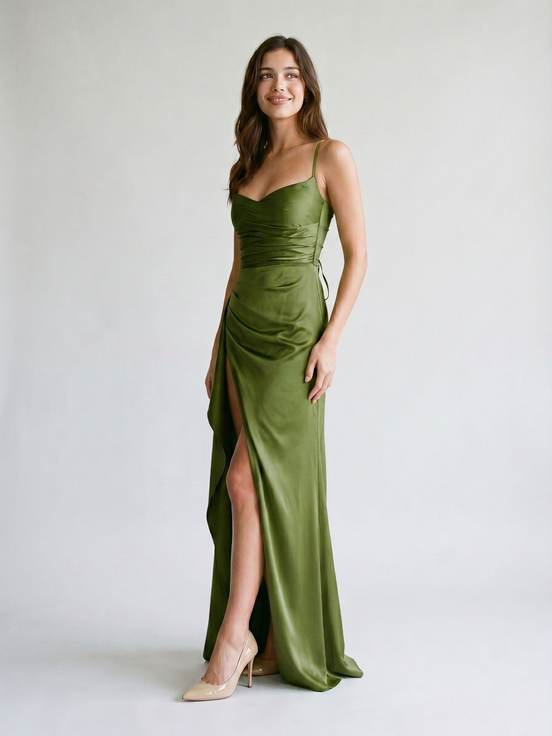 Olive Green Matte Satin Sheath Criss-Cross Straps Floor-Length Formal Dress with Ruffles
