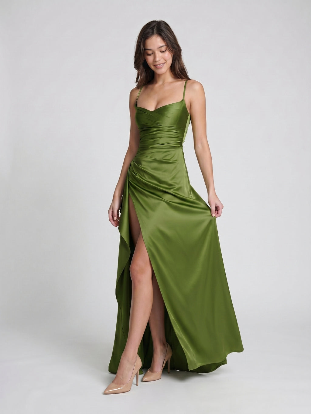 Olive Green Matte Satin Sheath Criss-Cross Straps Floor-Length Formal Dress with Ruffles