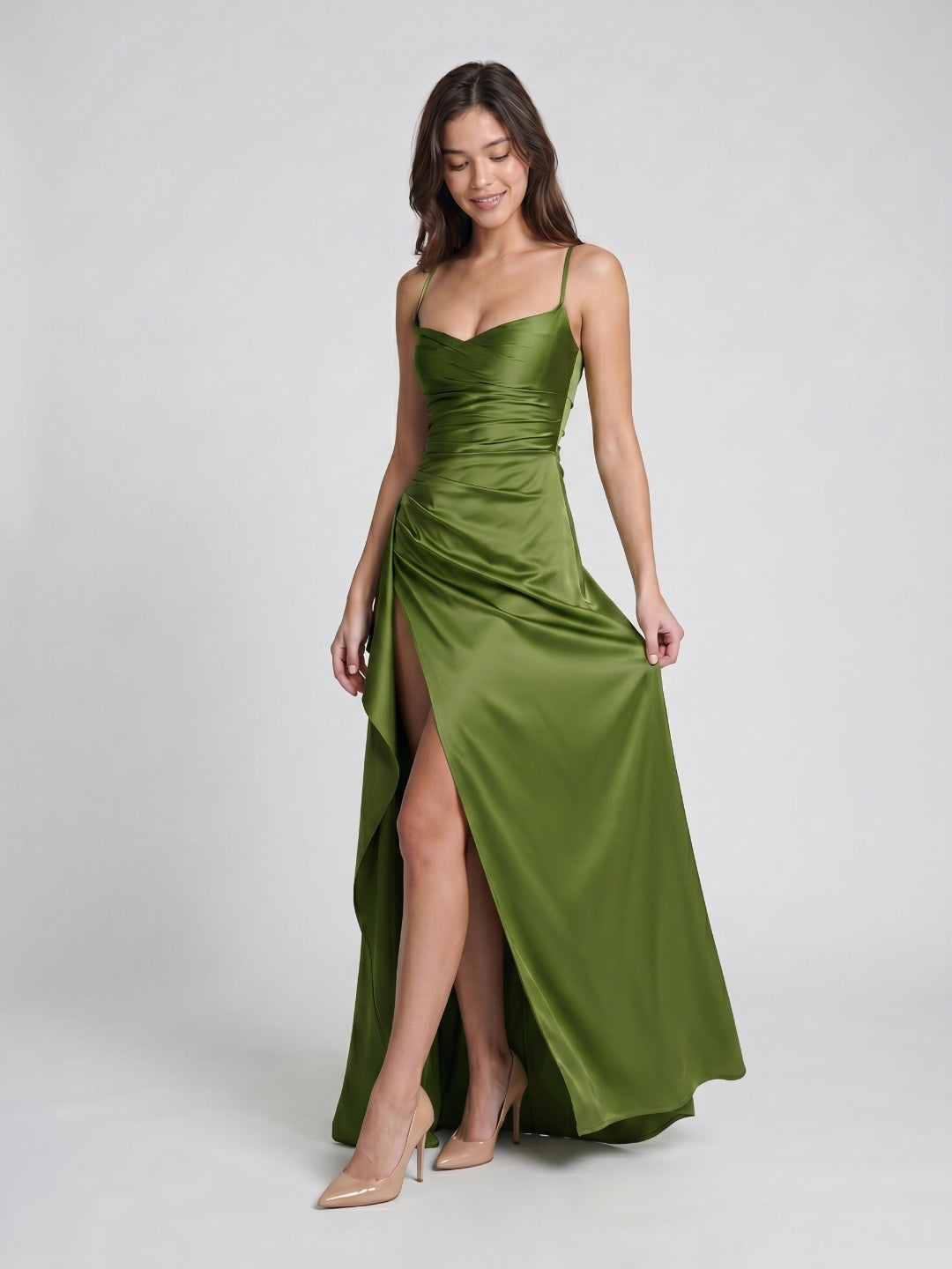 Olive Green Matte Satin Sheath Criss-Cross Straps Floor-Length Formal Dress with Ruffles