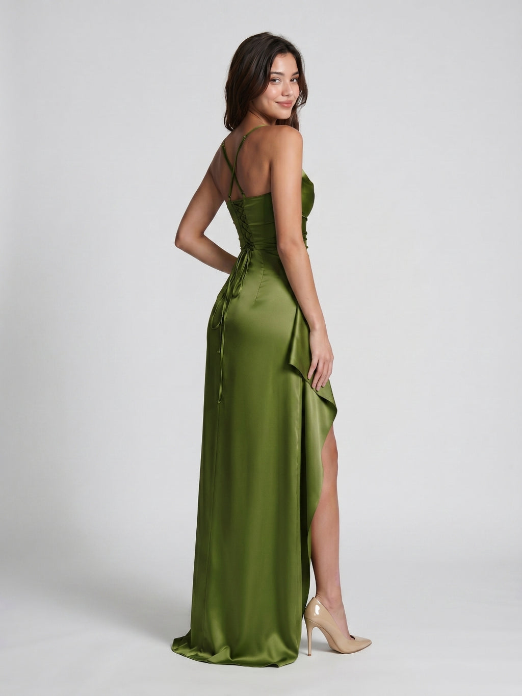 Olive Green Matte Satin Sheath Criss-Cross Straps Floor-Length Formal Dress with Ruffles