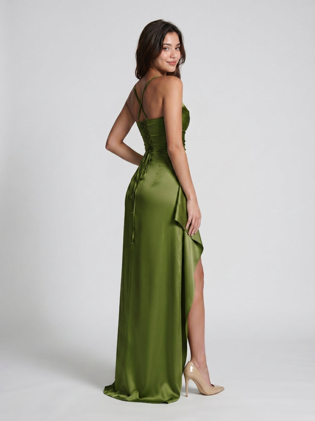 Olive Green Matte Satin Sheath Criss-Cross Straps Floor-Length Formal Dress with Ruffles