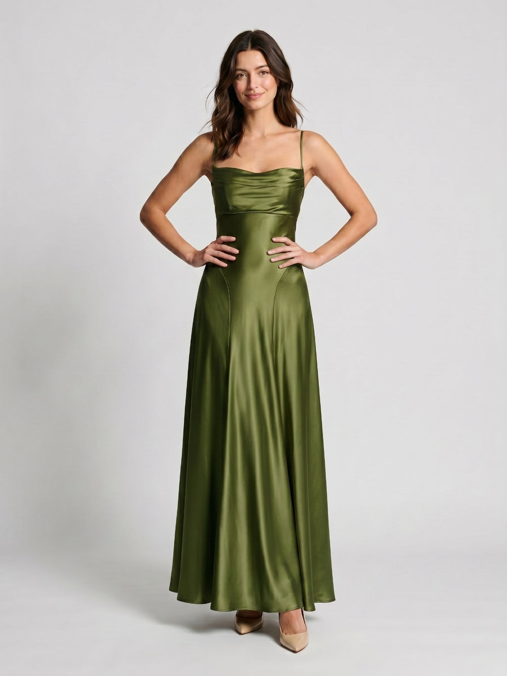 Olive Green Satin A-Line Criss-Cross Straps Floor-Length Formal Dress with Pleating