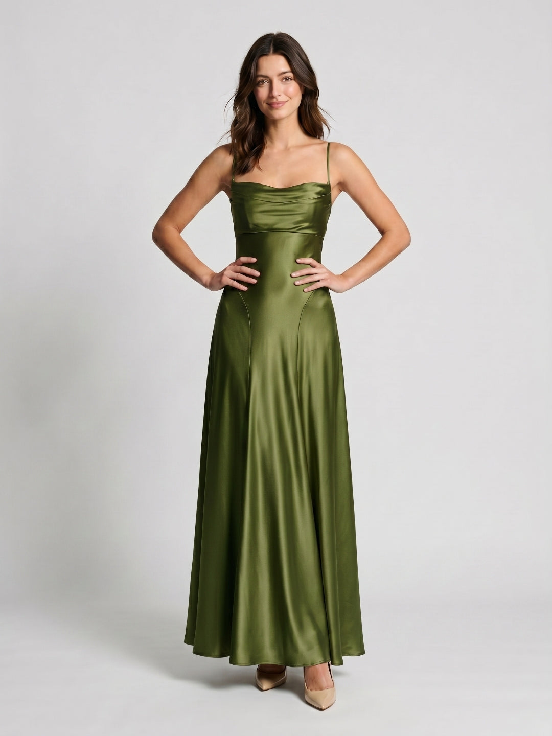 Olive Green Satin A-Line Criss-Cross Straps Floor-Length Formal Dress with Pleating